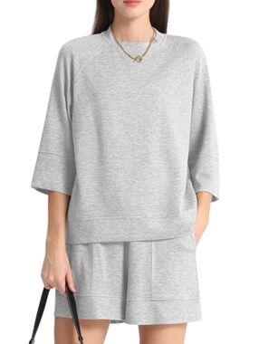 MINTREUS Women's Mock Neck Lounge Set 3/4 Sleeve Tops and Elastic Waist Short M